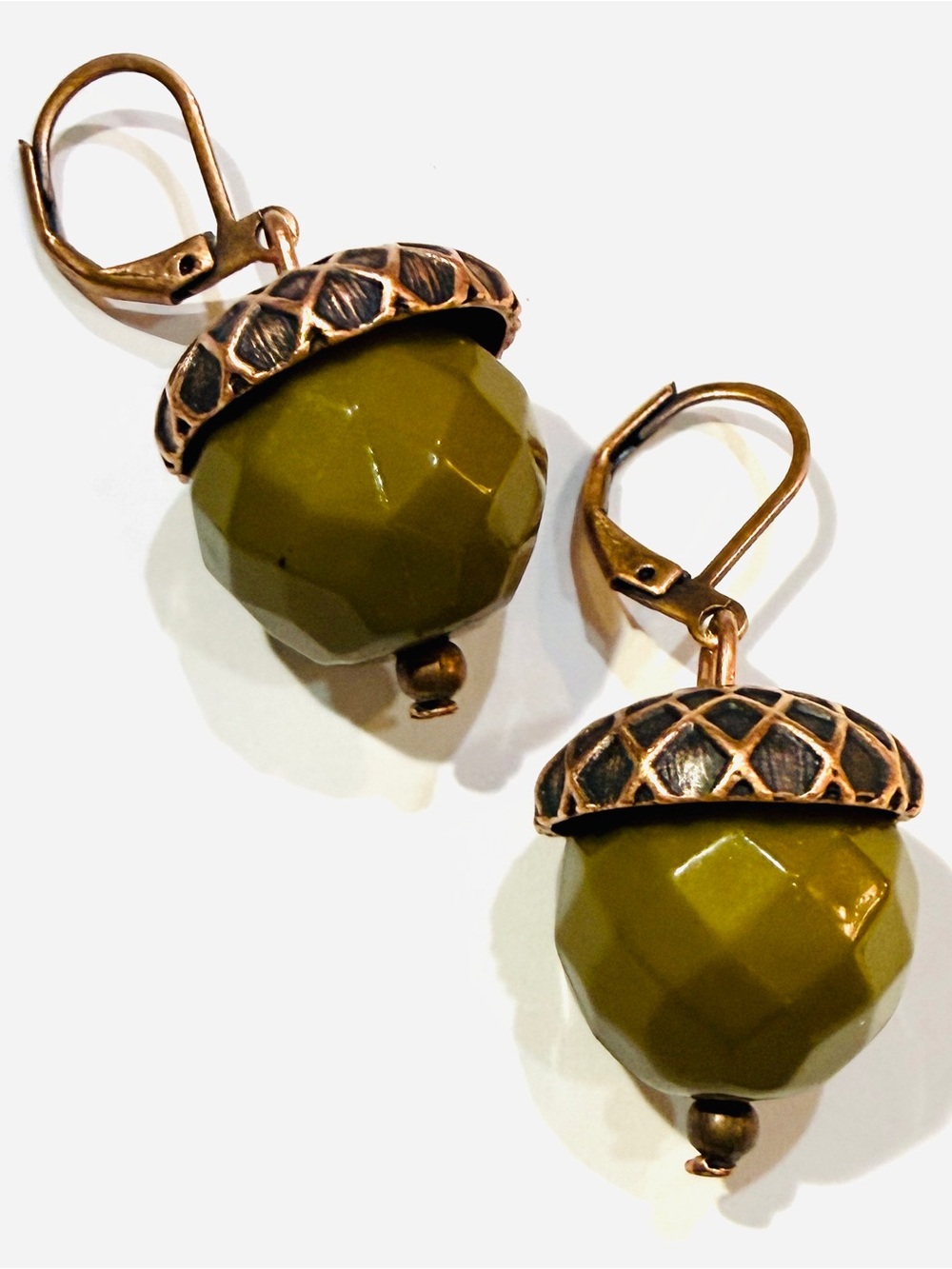 Olive Green Faceted Acorn Drop Earrings with Copper-Tone Caps